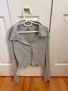 Light Gray Women's Ribbed Collared Long-Sleeve Top